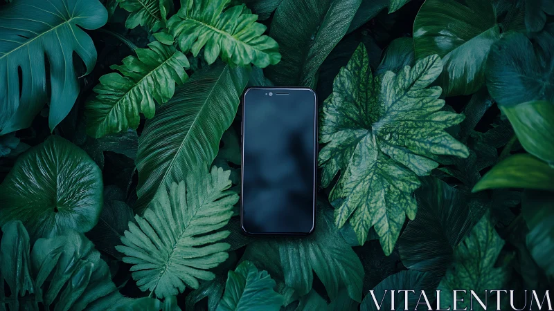 Smartphone lies centrally amid dense tropical foliage contrast