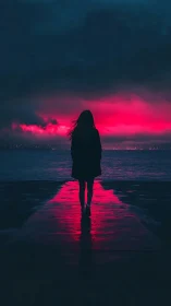 Silhouette by the neon horizon on a quiet evening shore.