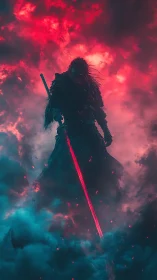 Backlit warrior silhouette with neon katana in bicolor storm