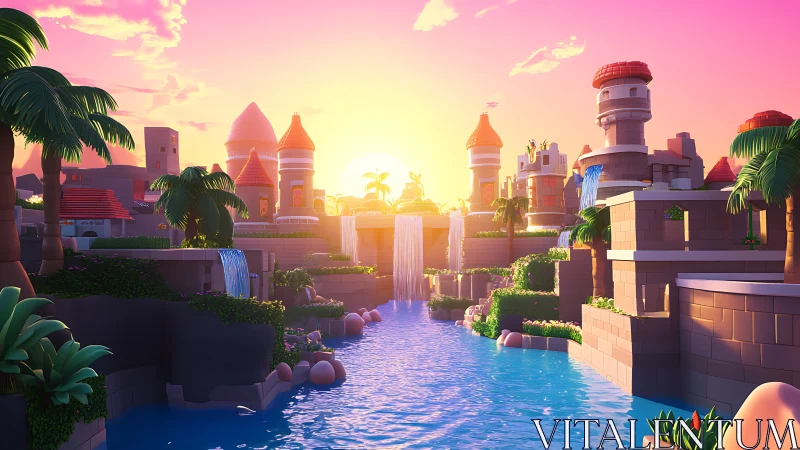 Sunlit pastel river kingdom with waterfalls and towers.