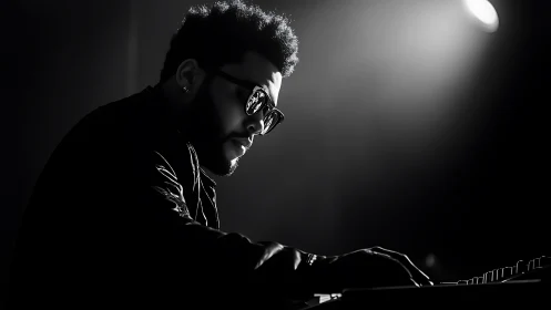 Moody monochrome musician at keyboard in dramatic light.