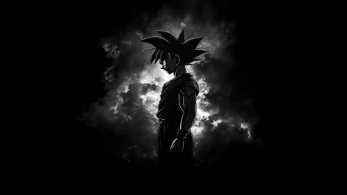 Silhouetted spiky haired warrior against dark storm cloud.