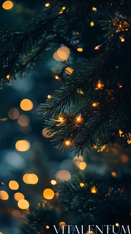 Soft golden fairy lights on deep evergreen branches at dusk.