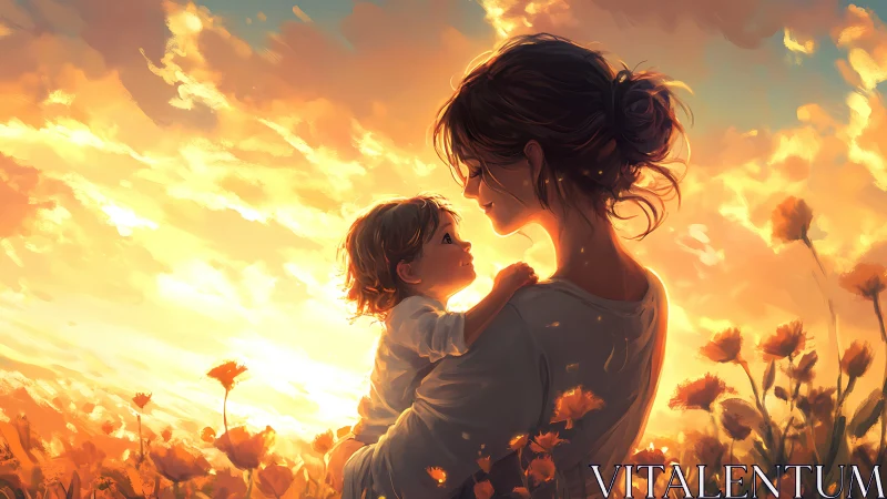 Mother and Child in Golden Sunflower Field at Sunset.