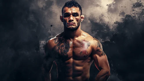 Photorealistic fighter portrait with dramatic chiaroscuro lighting.