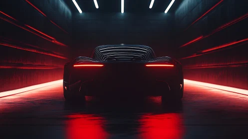 Futuristic sports car rear in neon lit tunnel at night.