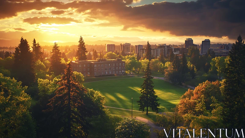 Sunlit campus lawn stretches toward distant city skyline