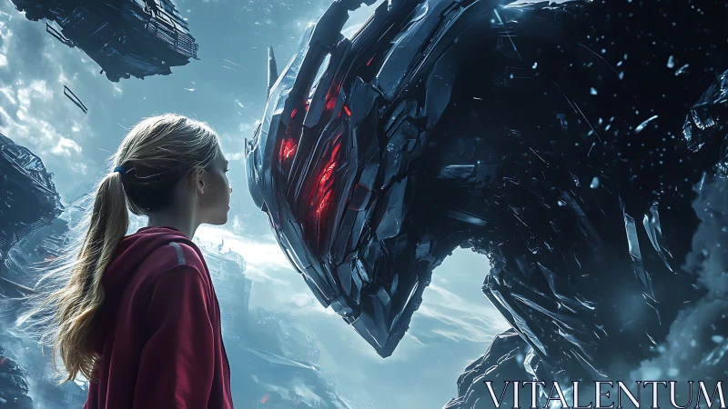 Girl confronts towering alien mech amid stormy sci fi ruins.
