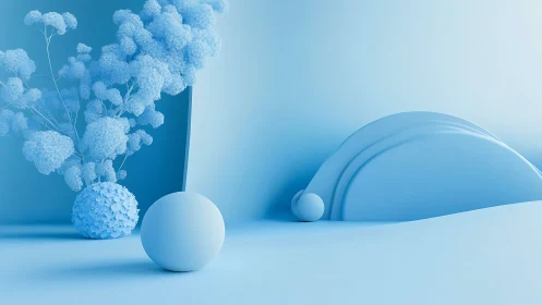 Monochromatic blue 3D still life with spheres and stylized plant