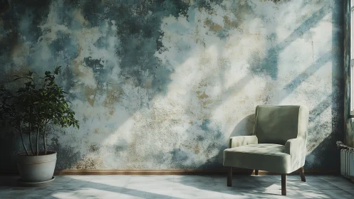 Sunlit armchair against patinated textured plaster wall.