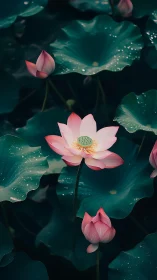 Pink lotus flowers blooming in teal water with green lily pads