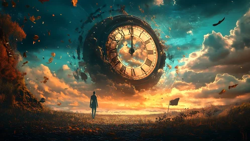 Colossal skyborne clock shattering above wandering figure.