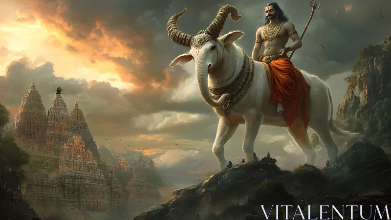 Mythological rider on horned white beast overlooks stone temples