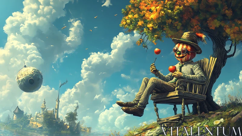 Whimsical pumpkin scarecrow under autumn tree in fantasy sky.
