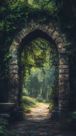 Stone forest gateway opening onto a softly lit hidden path.