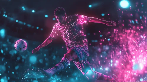 Digital soccer player kicking ball with neon light effects.