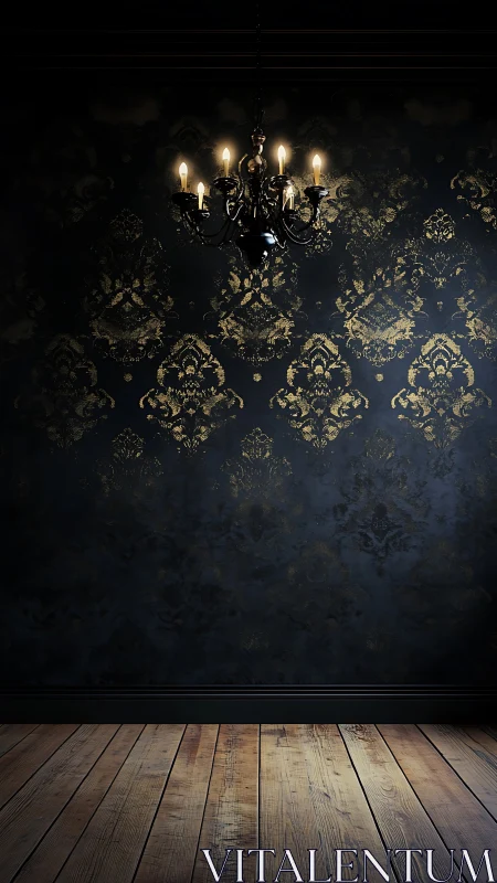 Black chandelier hangs above dark damask wall and floor