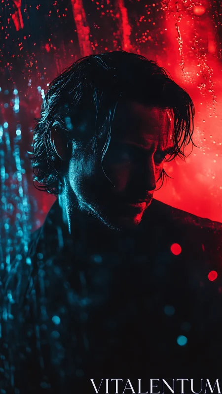 Moody neon portrait captures a brooding man in rain-soaked light