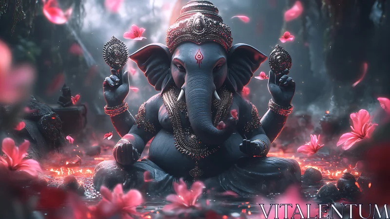 Digital painting of Ganesha idol amid luminous jungle bloom.