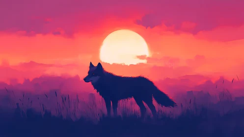 Lone twilight wolf strolling beneath a glowing sunset sky.