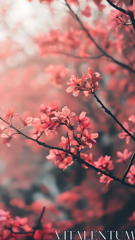 Spring Flowering Branch with Pink Blossoms and Selective Focus.
