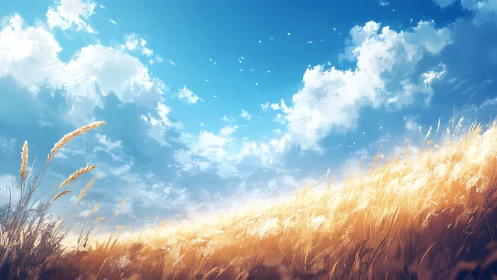 Golden wheat hillside under expansive summer sky digital art.