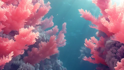 Cotton candy corals drift in a dream-bright underwater valley.