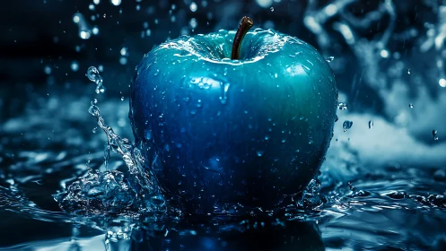 High-contrast blue apple in dynamic macro water splash scene