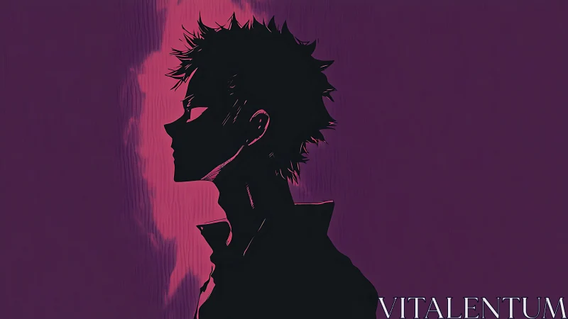 Silhouetted anime boy faces left against magenta light