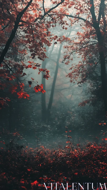 Misty Autumn Forest Path: Red Foliage Through Dense Woodland Mist