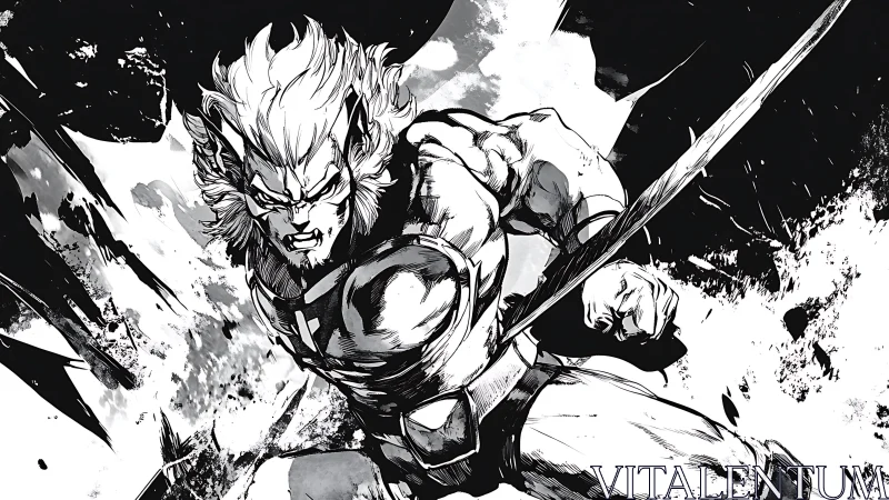 Snarling blade warrior erupts from shattered monochrome storm.