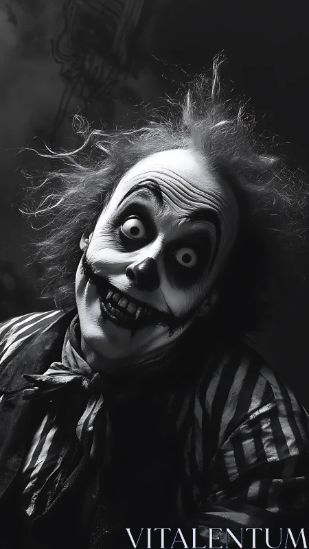 Spooky striped clown grinning in dramatic monochrome light.
