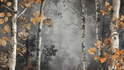 Autumn Birch Forest Scene in Moody Watercolor Style.