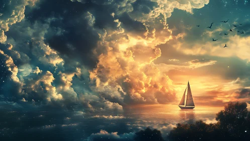 Sailboat drifting toward radiant celestial storm clouds.