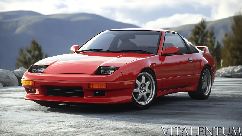 Red sports coupe gleams on a mountain road at golden hour