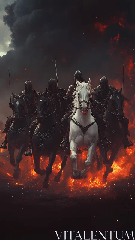 Armored riders charge through fire on dark warhorses.