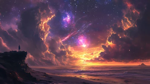 Solitary figure gazes over a cosmic sunset storm at sea