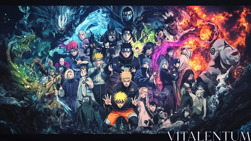 Naruto characters assemble in dynamic elemental battle tableau