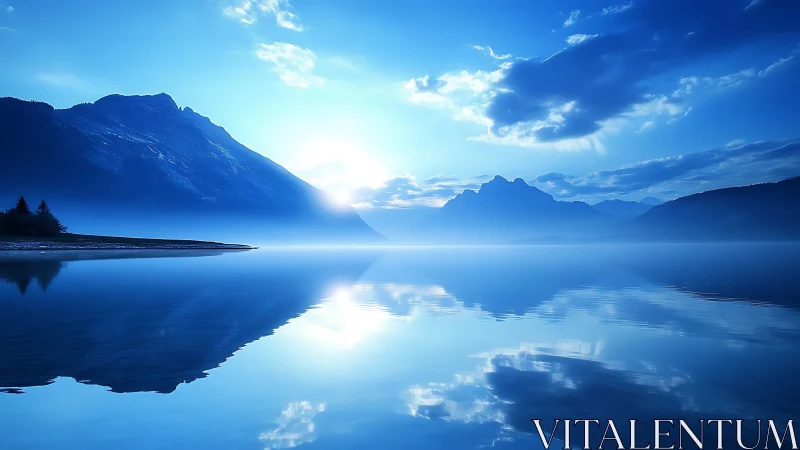 Photorealistic alpine lake horizon with mirrored blue tones.