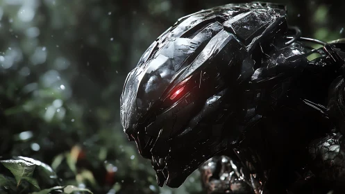 Cybernetic predator head with glowing red eye in jungle.