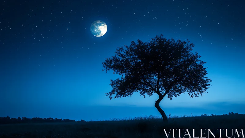 Single tree stands under moonlit, star-filled blue night sky