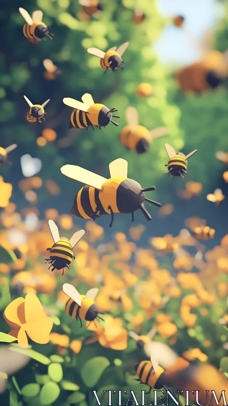 Low-poly bees over stylized flower field in daylight scene.