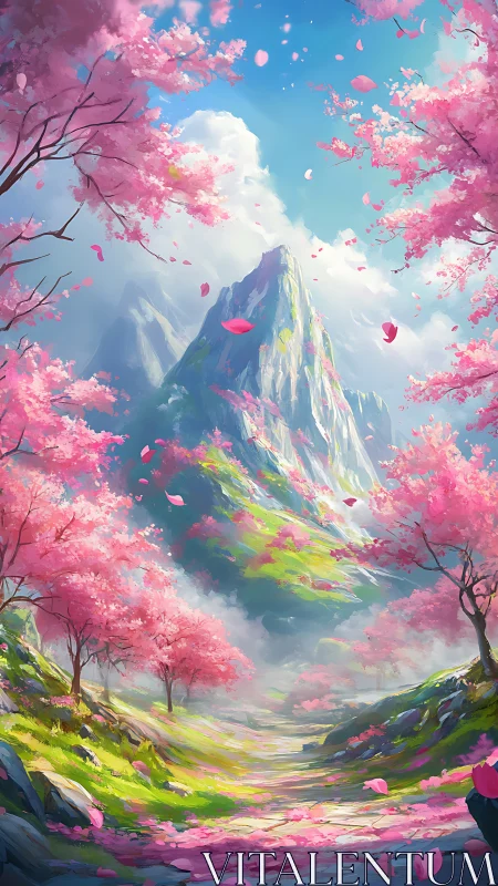 Mountain valley framed by cherry blossoms in springtime.