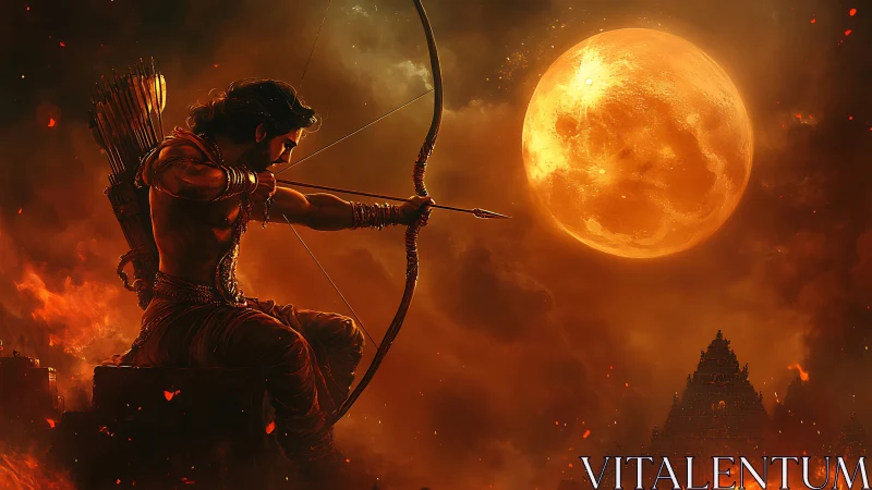 Archer with drawn bow aligns arrow toward large orange moon