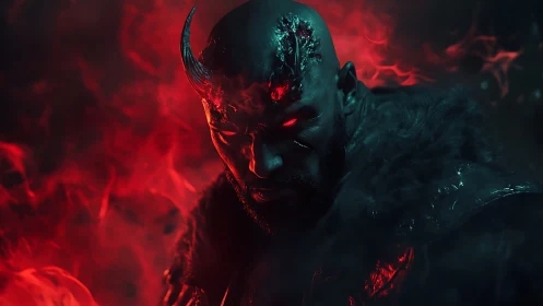 Demonic warrior emerges from crimson flames in shadowed void.