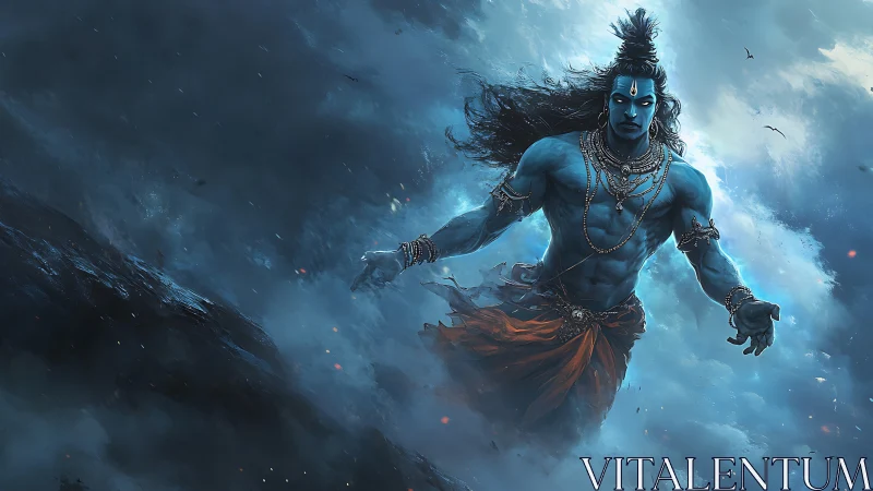 Storm-lit blue deity strides through atmospheric mountain clouds