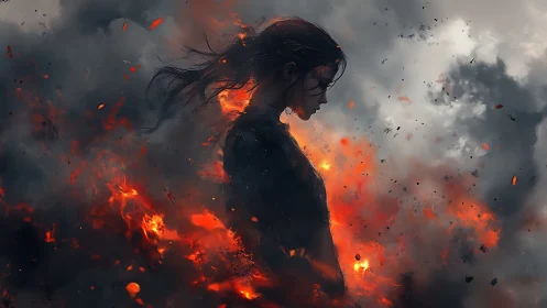 Firelit heroine standing strong within swirling embers.