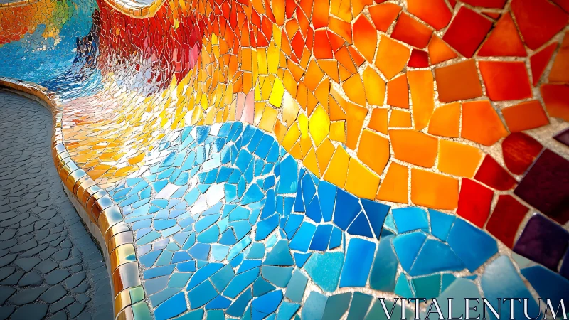 Curved rainbow mosaic wall with flowing ceramic tiles.