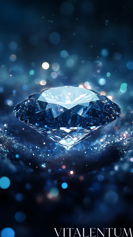 Floating cut diamond rendered with luminous blue bokeh