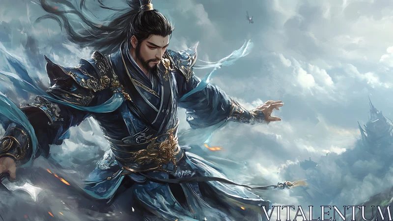 Aerodynamic wuxia swordsman amid volumetric storm clouds.